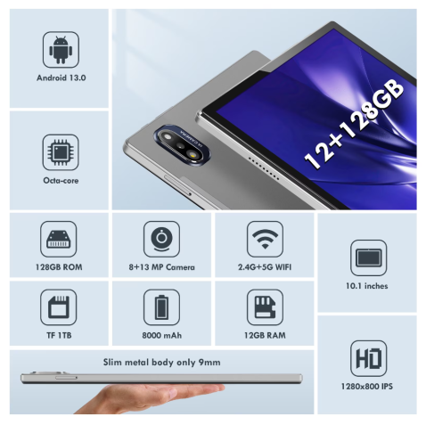 Tableta GPS Special setata pentru camion de 10 inci, Android 13, Opt-nuclee, 12GB RAM+128GB ROM, 8000mAH, camera dubla 8+13MP, 2.4G+5G WIFI, Bluetooth, Gri